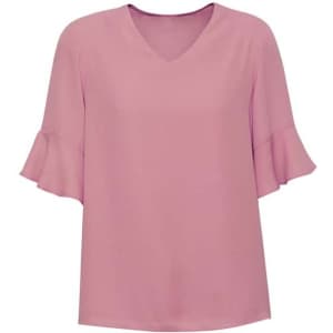 A pink fluted sleeve blouse with a V-neck design, featuring a simple and elegant style. It has a branding logo.
