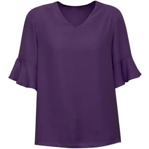 A purple women's blouse with fluted sleeves and a V-neckline. The design is simple and elegant.