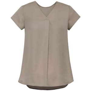 A women's khaki V-neck pleat blouse with short sleeves, featuring a relaxed fit and a smooth texture.