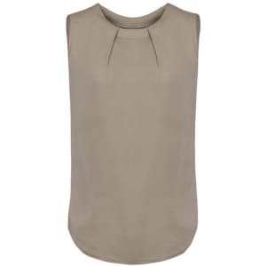 A sleeveless blouse in a soft taupe colour, featuring pleat detail on the front. It has a round neckline and a smooth finish.