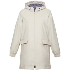 A cream overcoat with a hood, featuring zip pockets and elastic cuffs, showcasing a simple and sleek design.