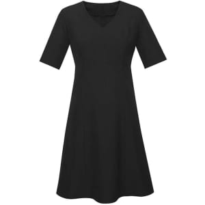 A black short sleeve dress with a V-neckline and a flared skirt design, featuring an unseen logo.