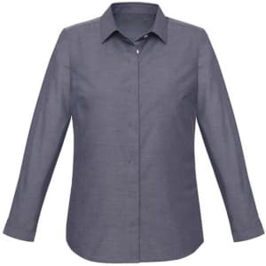 A long sleeve button-up shirt in a dark grey colour with a collar and a logo.