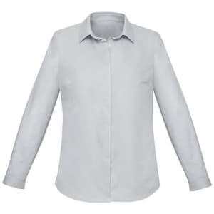 A light grey women's button-up shirt with long sleeves and a standard collar, featuring a small logo.