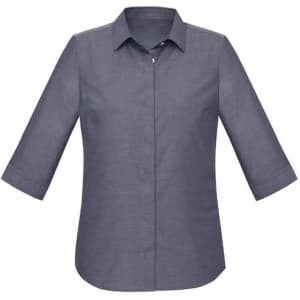 A grey women's button-up shirt with a 3/4 sleeve design and a collar, featuring a logo on the side.