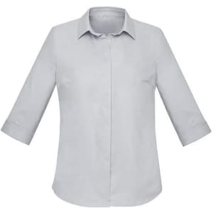A light grey women's button-up shirt with 3/4 sleeves and a collar. It features a simple, clean design and has a logo.