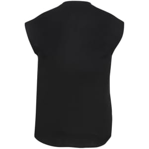A black women's blouse with a relaxed fit, featuring short sleeves and a rounded hem. The garment has a logo.