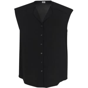 A black sleeveless blouse with a button-down front and a relaxed fit, featuring a collar and no logos.