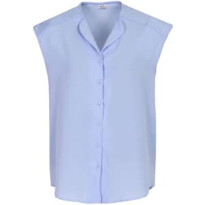 A light blue women's blouse featuring a button-up front and cap sleeves. The top has a subtle sheen and a simple design.
