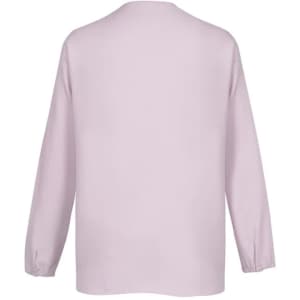 A light pink hi-lo blouse with long sleeves and a relaxed fit, featuring a simple design and a brand logo.