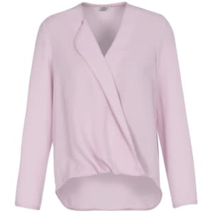A light pink women's blouse with a hi-lo hem and long sleeves, featuring a wrap design and a logo.