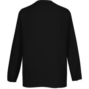 A black women's hi-lo button-up blouse with long sleeves, featuring a simple, sleek design.