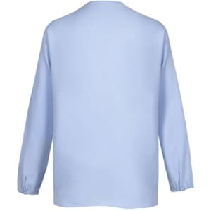 A light blue women's blouse with long sleeves and a hi-lo hem design. The garment has no visible logos or text.