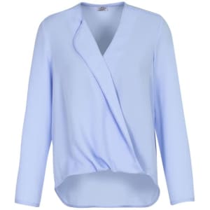 A light blue women's hi-lo blouse with a wrap design and long sleeves, featuring a soft fabric finish.