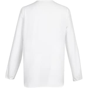 A women's white hi-lo blouse with long sleeves, featuring a simple design and a logo.