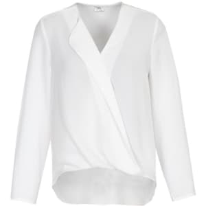 A white hi-lo blouse with a wrap design and long sleeves, featuring a subtle logo on the tag.