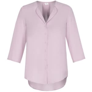 A pink women's longline blouse with a button-up front and three-quarter sleeves. Features a branding logo.