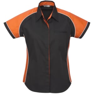 A short-sleeve women's button-up shirt in black with orange accents, featuring a logo on the chest.