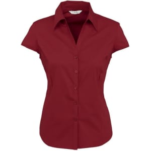 A red ladies cap sleeve button-up shirt featuring a collar and a fitted silhouette. It has a logo on the chest.