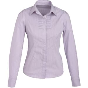 A ladies long sleeve button-up shirt in light purple with vertical stripes and a subtle pleat detail.