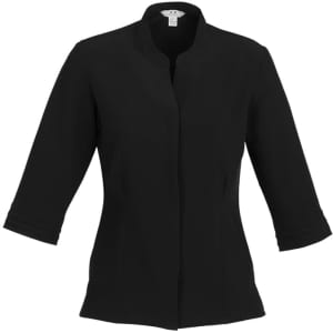 A black 3/4 sleeve button-up shirt with a collarless design and a fitted silhouette. It features branding on the label.
