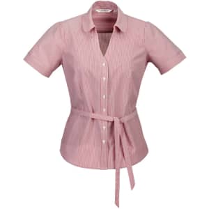 A pink button-up shirt with short sleeves and a tied waist, featuring a subtle striped pattern. It has a logo.