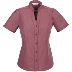 A maroon ladies' button-up shirt with a stand collar and short sleeves, featuring a branding logo.