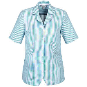 A short-sleeved, button-up overblouse featuring blue and white vertical stripes and a collar. It has a logo.