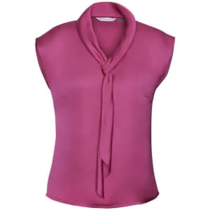 A pink shimmer tie neck top with short sleeves, featuring a stylish tie detail at the neckline.