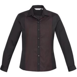 A black long sleeve button-up shirt with a striped panel design and a logo.