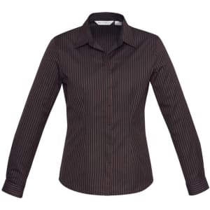 A button-up shirt featuring long sleeves and a black fabric with striped patterns in various colours. It has a logo.