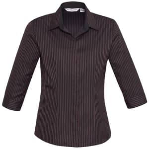 A button-up shirt in brown with vertical stripes, featuring 3/4 sleeves and a collar. It includes a logo.