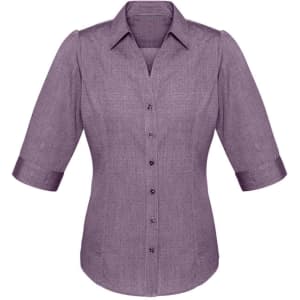 A ladies' button-up shirt in a rich purple hue with 3/4 sleeves and a collar, featuring buttons down the front.