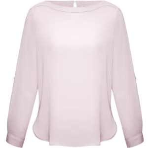 A light pink women's boatneck top with long sleeves and a round hem, featuring a small keyhole detail at the back.