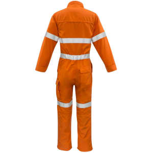 An orange overall with reflective hoop tape, featuring long sleeves and pockets, designed for workwear. It has a logo.