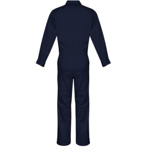 A navy lightweight cotton drill overall featuring long sleeves and a full back design, suitable for uniforms.