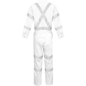 A white overall with reflective stripes and an adjustable X-back design, featuring long sleeves and pockets.