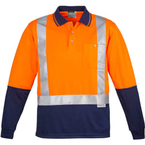 A long sleeve polo shirt featuring hi-vis orange and navy blue colours with reflective shoulder tape and a front pocket.