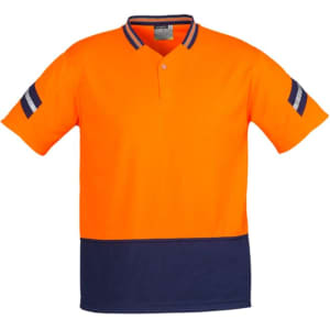 A short sleeve polo shirt in high visibility orange with navy accents and reflective stripes. Features a collar and a logo.