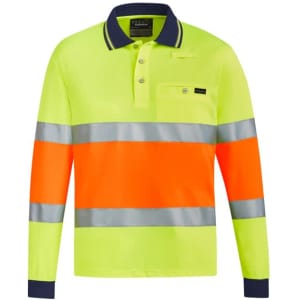 A hi-vis polo shirt in bright yellow and orange with reflective tape and a logo on the chest pocket.