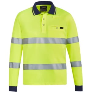 A bright yellow unisex work polo shirt with reflective tape, featuring a navy collar and a pocket on the chest.