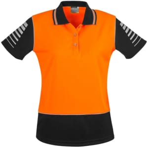 Hi-vis short sleeve polo shirt in bright orange and black, featuring a logo and striped design on the sleeves.