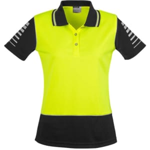 A women's short sleeve polo in hi-vis yellow and black, featuring a logo and reflective stripes on the sleeves.