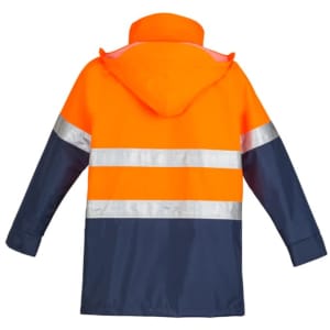 A lightweight hi-vis waterproof jacket featuring orange and navy colours with reflective stripes and a hood.