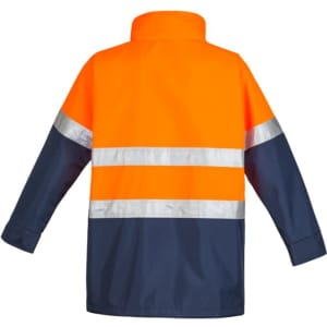 A lightweight waterproof jacket featuring orange and navy colours with reflective stripes and a collar.
