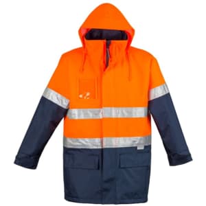 Hi vis waterproof lightweight jacket in orange and navy, featuring reflective stripes and a hood. Includes a pocket and branding.