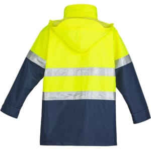 A lightweight waterproof jacket featuring high visibility fluorescent yellow and navy blue colours, with reflective stripes and a hood.