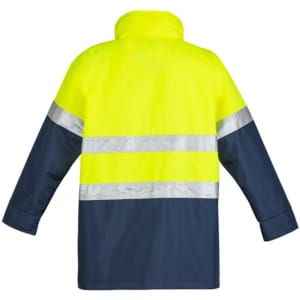 A lightweight men's hi-vis waterproof jacket in bright yellow with navy blue sleeves and reflective stripes.