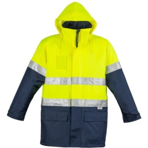 A waterproof lightweight jacket with a bright yellow upper, navy lower, reflective stripes, and a hood. It features pockets and a logo.