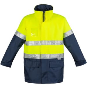 A hi-vis waterproof lightweight jacket in bright yellow and navy, featuring reflective stripes and a logo.